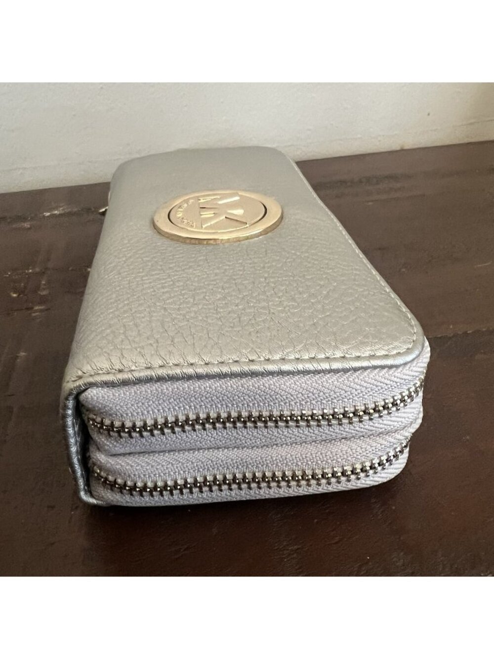 Michael Kors Fulton Silver Pebbled Leather Double Zip Wristlet Wallet MK